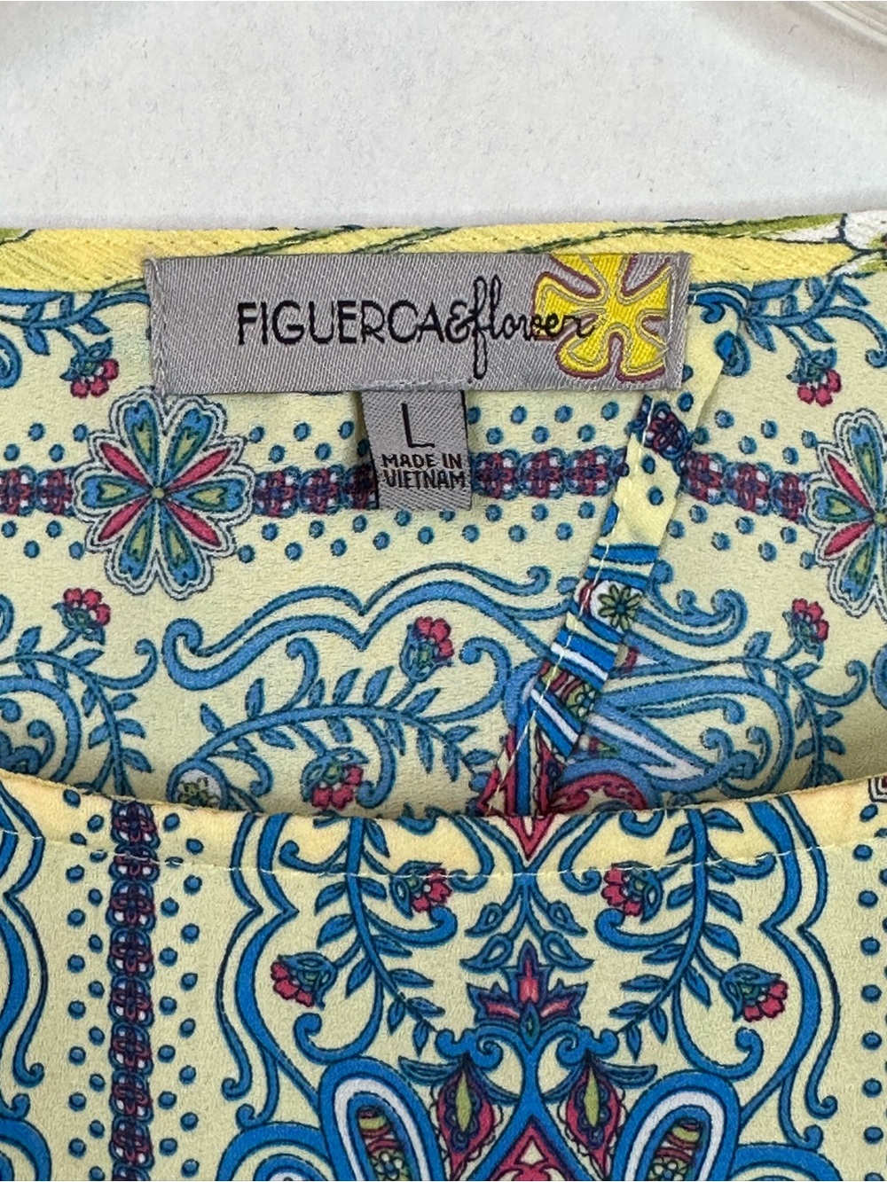Figueroa & flower Fuchsia Yellow Floral Bell-Sleeve Blouse with Blue Trim - Picture 2 of 8